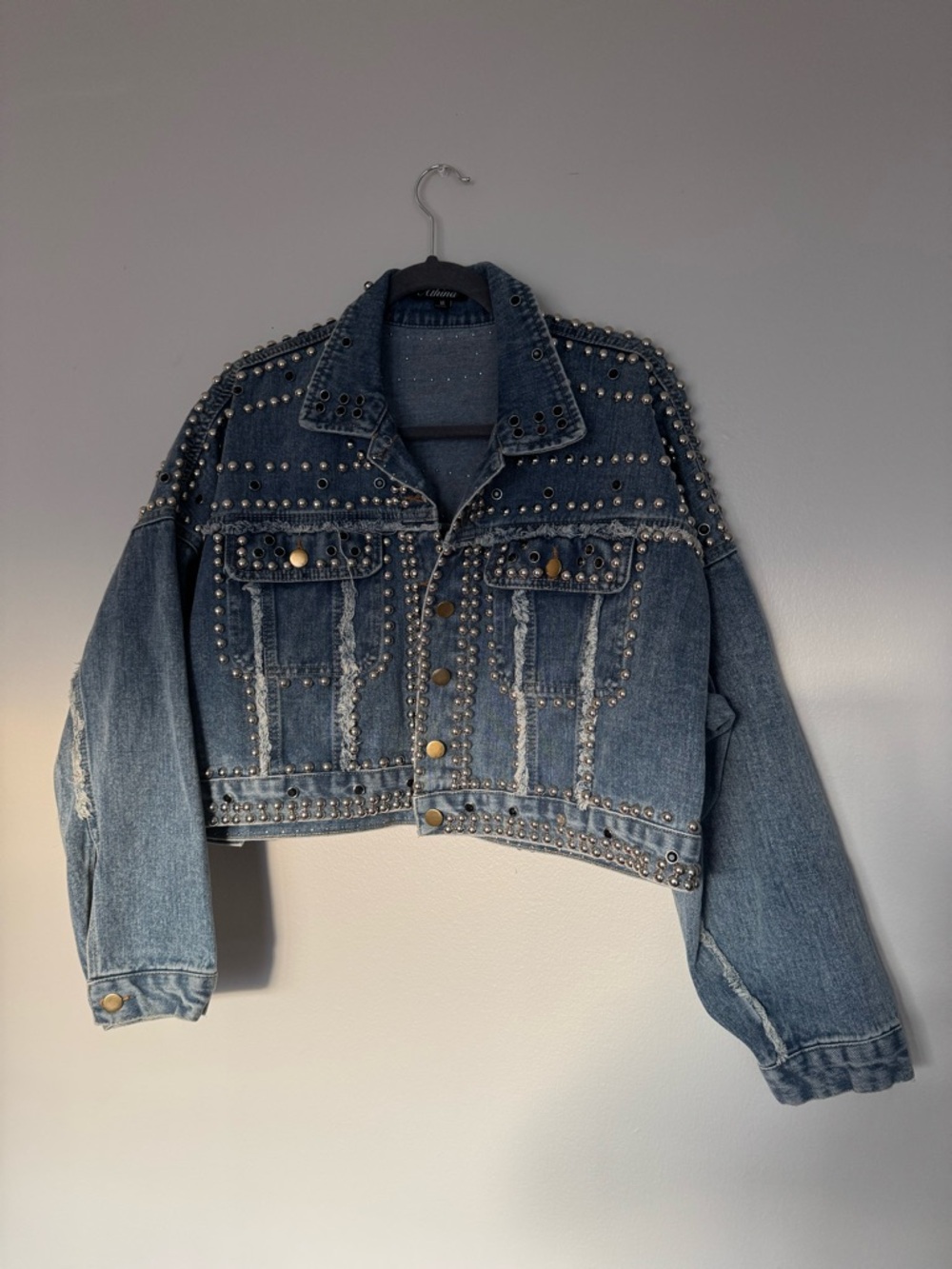 Studded Cropped Denim Jacket - Blue